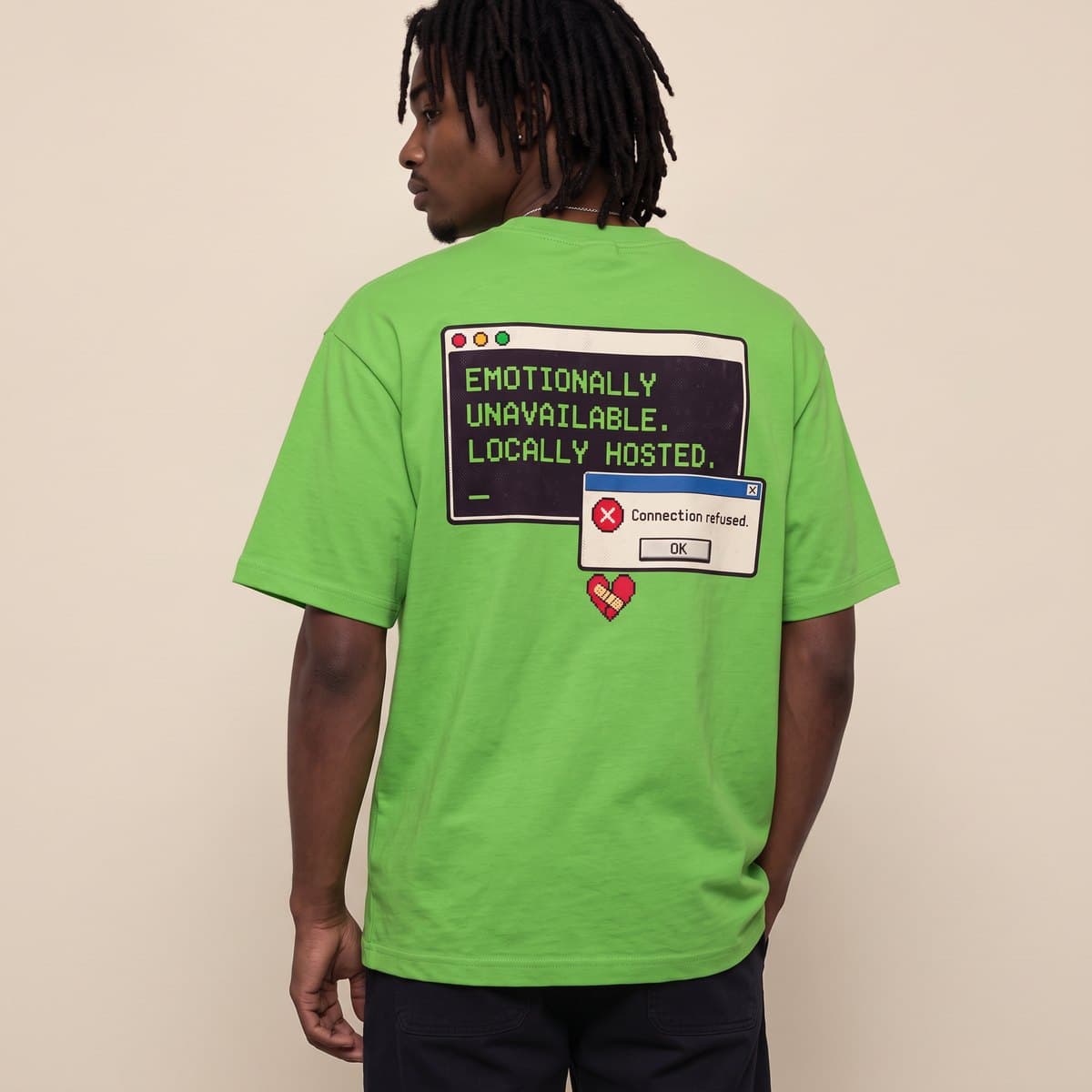 Emotionally unavailable. Locally hosted.: worn, back view